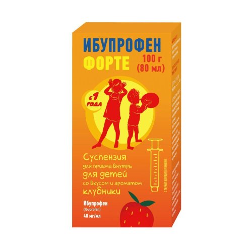 Ибупрофен Форте сусп. для пр.внутрь для дет. Клубника фл. 40мг/мл 80мл+шприц